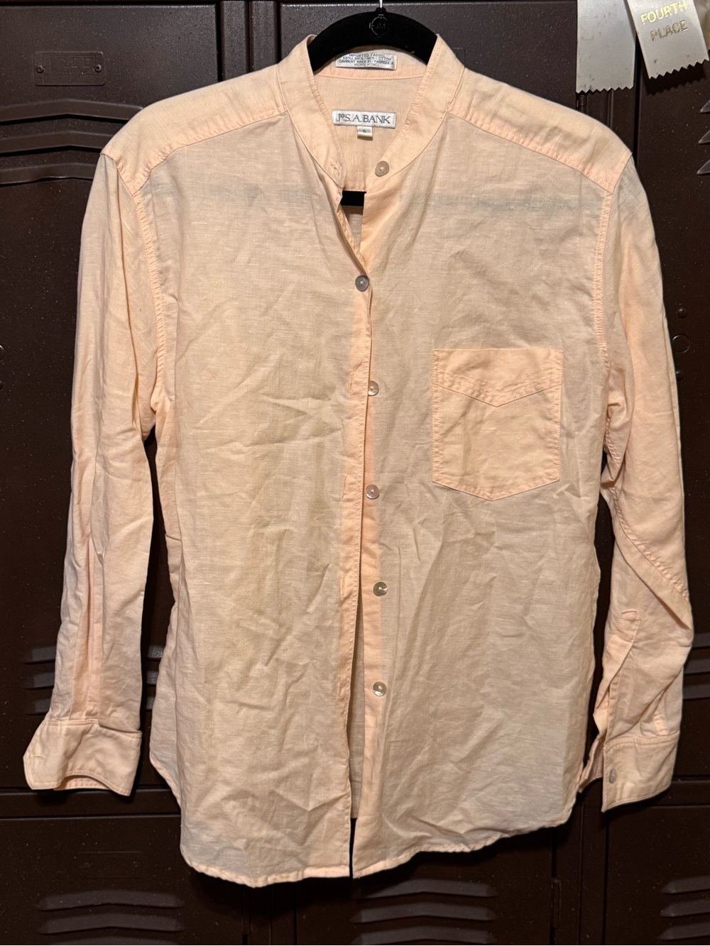 Vintage Jos. A. Bank Peach Mandarin-Collar Linen Shirt